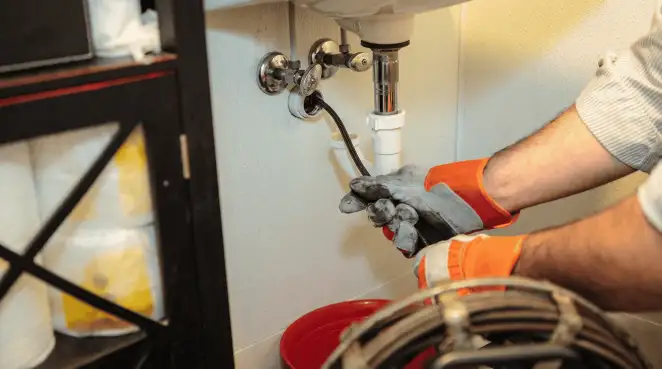 Drain cleaning technician using a motorized plumbing snake to clear a clogged sink pipe in Tallahassee, FL