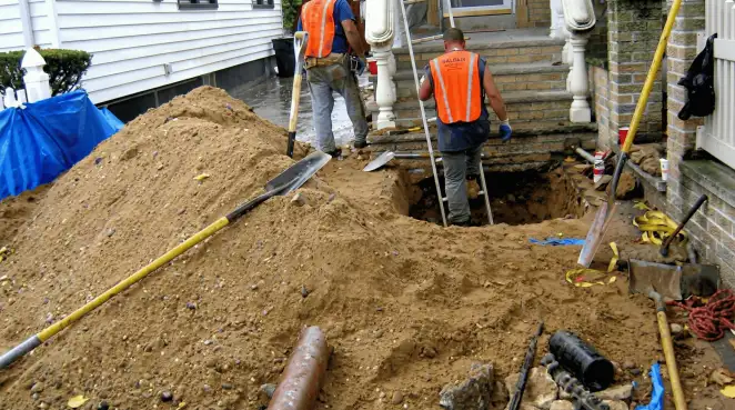Contractors performing foundation protection and exterior drainage excavation near residential home steps in Tallahassee, FL